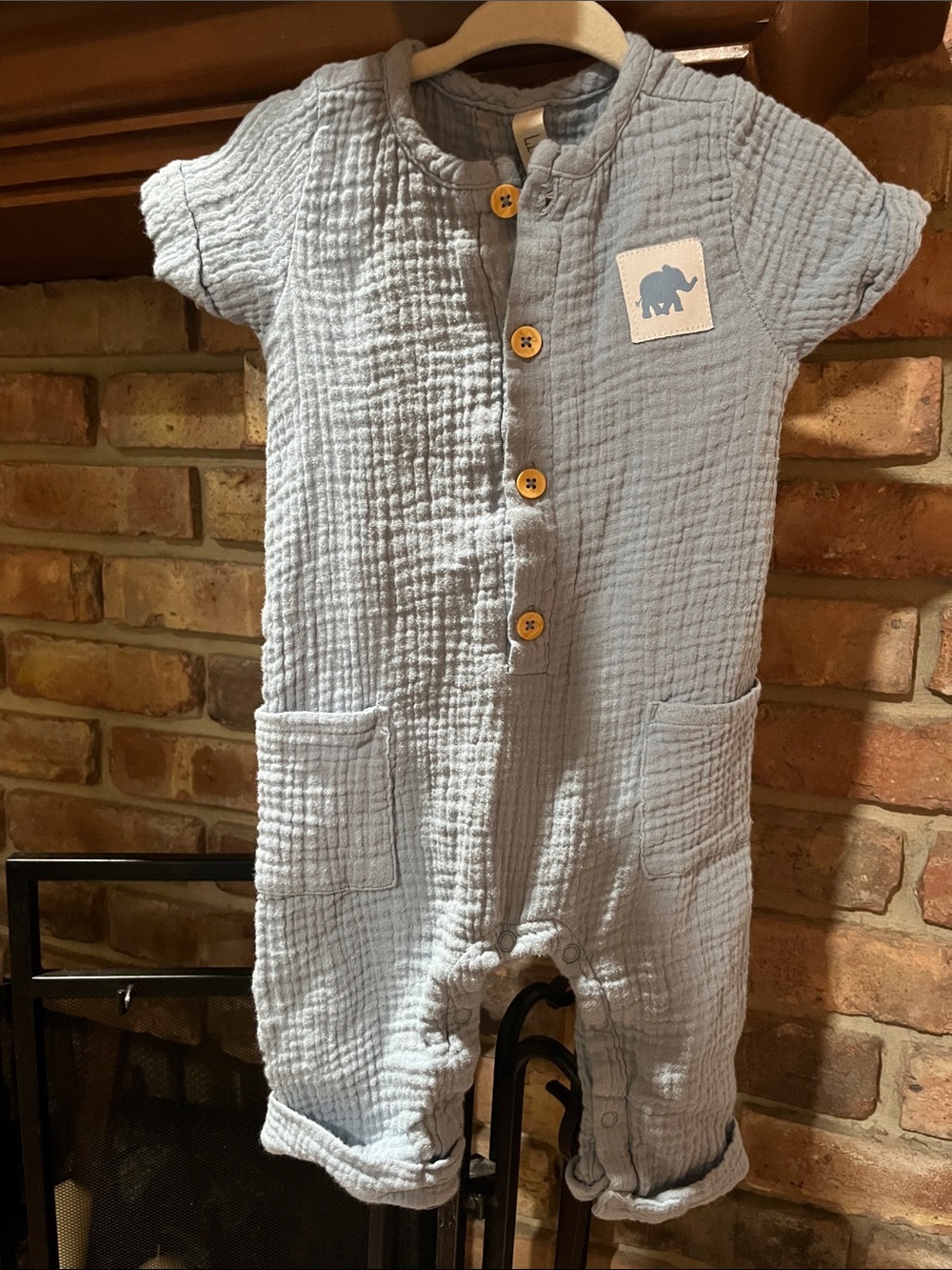 Soft Light Blue Cotton Baby One-Piece Romper with Elephant Patch